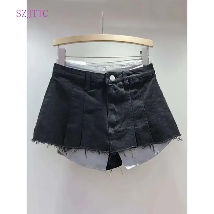 Jupe en jean femme taille haute plissée Patchwork couleur contrastée grandes poches bavures a-ligne Mini