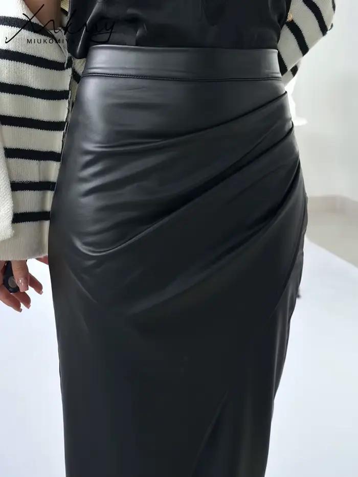 Jupe Fendue en Cuir PU Noir pour Femme