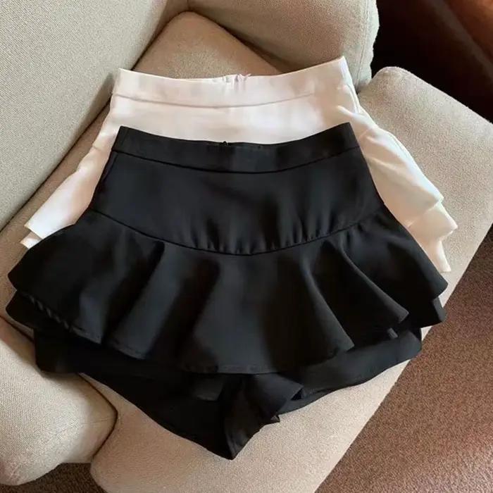 Jupes trapèze d'été pour femmes, mini-jupe coréenne taille haute à volants et fermeture éclair, jupes courtes JK noires et blanches polyvalentes pour femmes