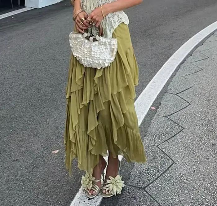 KONDALA Vintage plissé solide vert élégant femme jupes longues mode 2025 été a-ligne taille élastique plis Chic Mujer