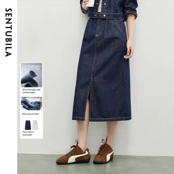 SENTUBILA femmes jupe en jean 2026 printemps coton mélange couture Visible ample une ligne