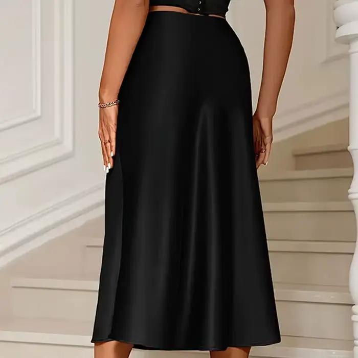 Femmes mode Satin solide plissé jupe Midi Vintage taille mi-élastique femme Chic dame jupes coréen