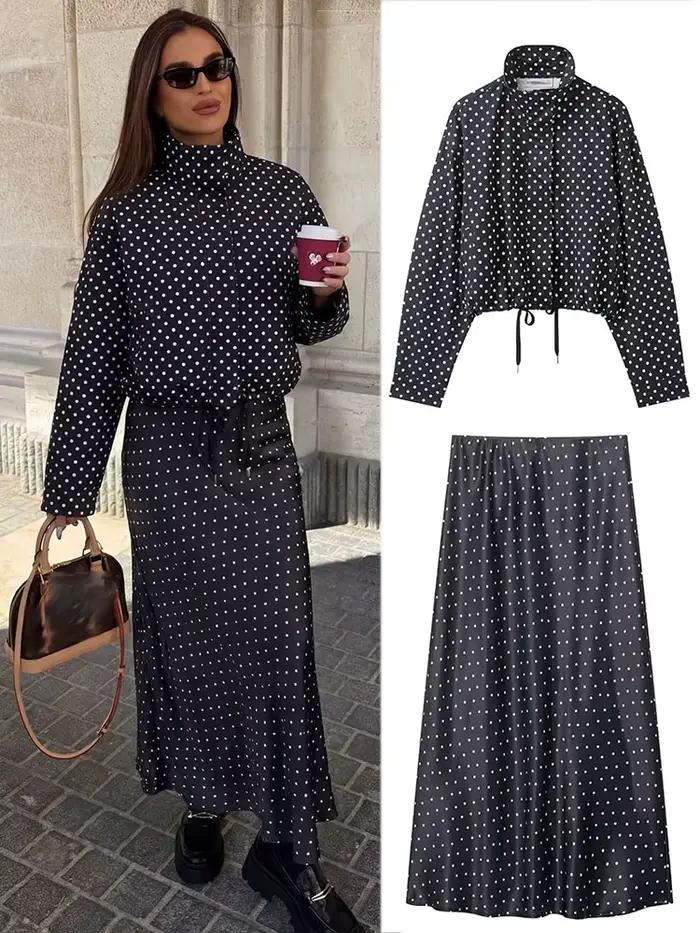 Ensemble jupe et manteau vintage noir à pois pour femme HH – Veste à col roulé à manches longues