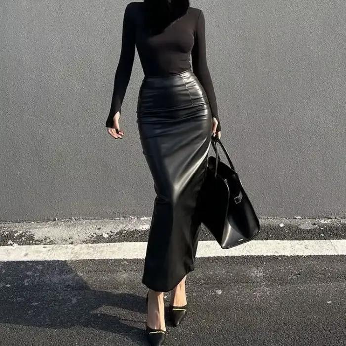 Jupe longue en similicuir pour femme