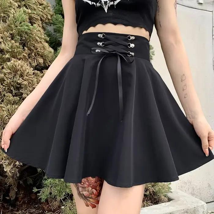 Femmes basique polyvalent évasé décontracté Mini jupe patineuse taille haute école Goth Punk