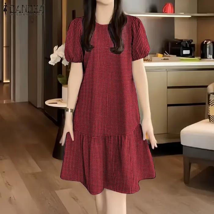 ZANZEA Robe décontractée à carreaux pour femme, col rond, manches courtes bouffantes, ourlet à volants, longueur genou, été, usage quotidien, Vestidos Mujer