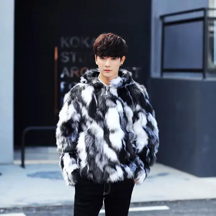 Veste en Fourrure pour Homme, Chaude et Décontractée, Courte, à Capuche, Fermeture Éclair, pour l'Hiver