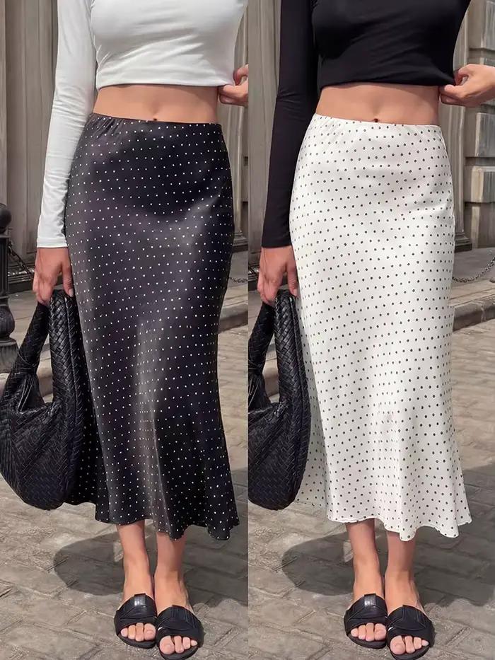 Jupe midi en satin à pois noirs et blancs pour femme HH