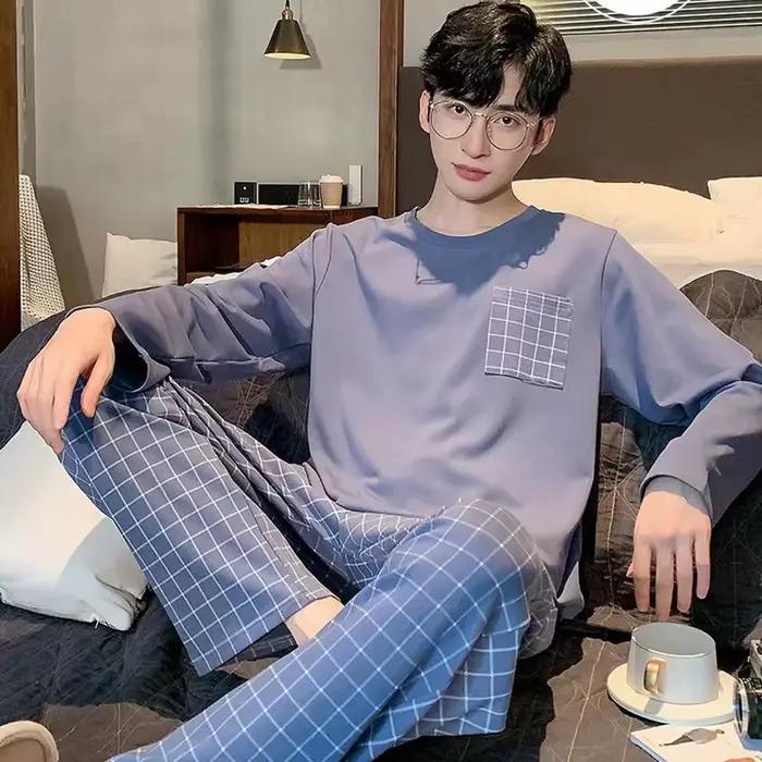 Pyjamas hommes manches longues et pantalons printemps et automne Style Simple et respirant vêtements de nuit étudiant jeunesse vêtements de détente vêtements de nuit