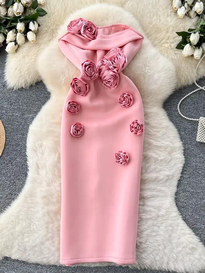 Robe de soirée sans bretelles pour femmes, européenne et américaine, haut de gamme, Socialite lourde, fleur 3D, sans manches, taille Slim, robe crayon
