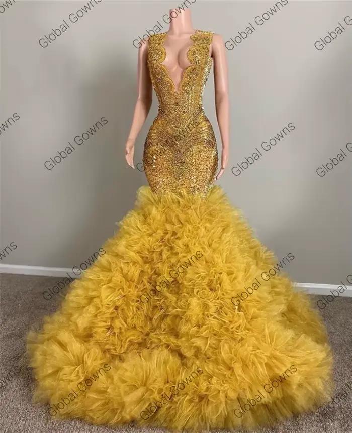 Robe de Rhlongue dorée à col rond pour filles noires, robe de soirée à volants, robes de fête d'anniversaire personnalisées, cristal perlé, paillettes, 2024