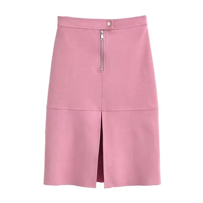 YENKYE Jupe midi rose en faux daim pour femme, avec fente avant et fermeture éclair, élégante, pour le bureau et le travail