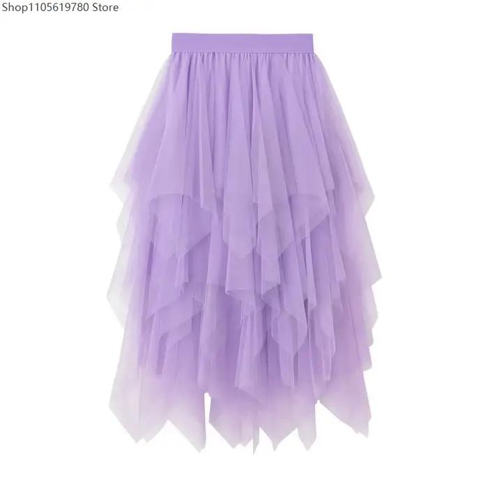 Jupe vintage grunge taille haute élastique irrégulière multicouche en tulle uni effet bulles pour femme, idéale pour le quotidien et les tenues de cosplay