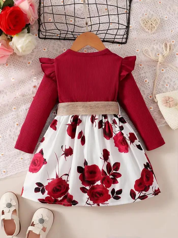 Robe à manches longues pour filles de 1 à 7 ans, jupe à fleurs avec ceinture, tenue de fête d'anniversaire, vêtements de nouvel an