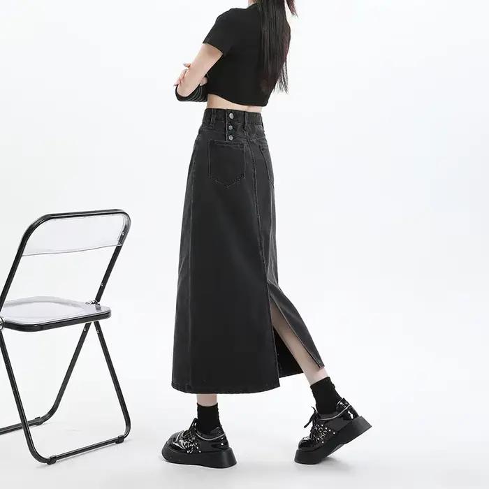 Jupe en jean mi-longue taille haute fendue amincissante pour femme