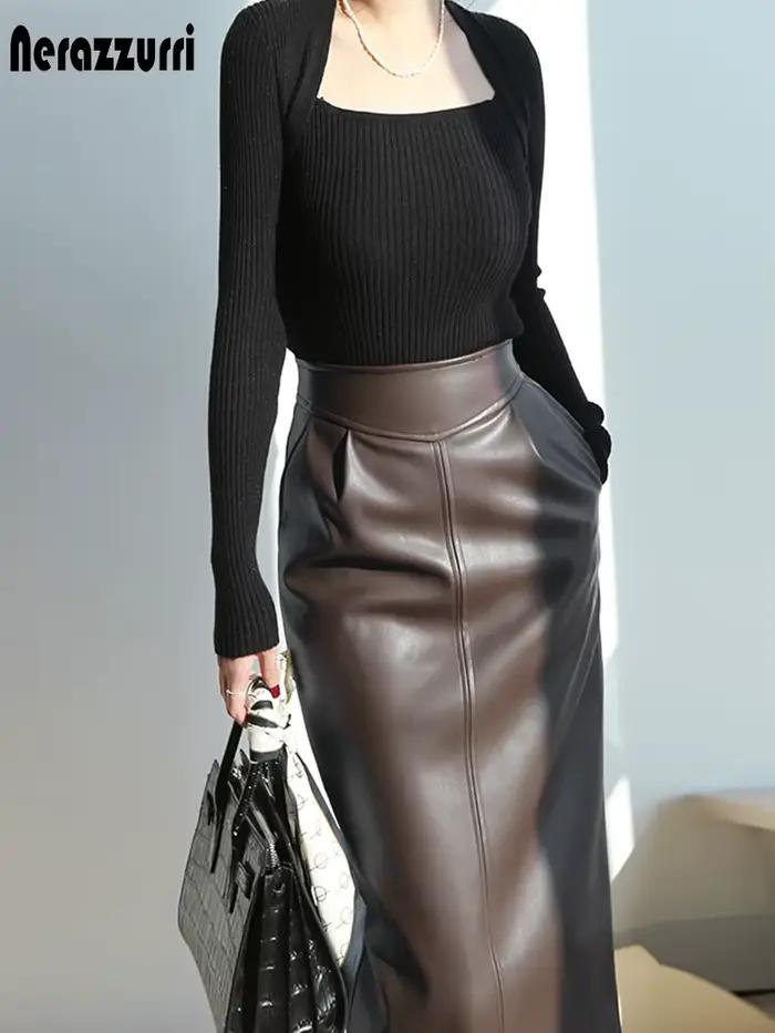 Nerazzurri-Jupe mi-longue en cuir PU pour femme, jupes crayon taille haute, fermeture éclair fendue sur le côté, marron, blanc, noir, printemps, 2023