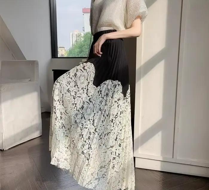 Jupe mi-longue plissée en dentelle patchwork pour femmes, nouveau style d'été, couvrant le croisement, taille haute, grande jupe longue évasée