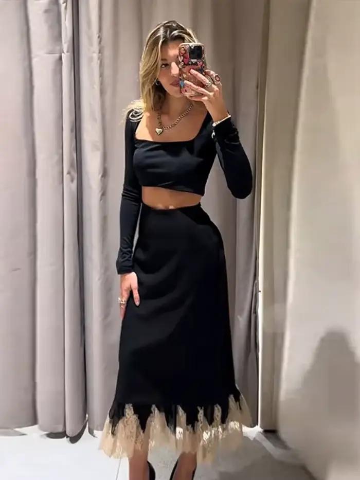 Jupe mi-longue noire pour femmes, ourlet en dentelle, ligne a, taille haute, Slim, printemps-automne, dîner, fêtes, correspondance quotidienne, 2026