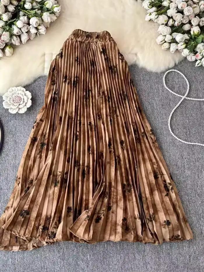 Jupes plissées en mousseline de soie pour femmes, imprimé floral, mode Vintage, couleur trapèze, vêtements de transport assortis avec tout, printemps été