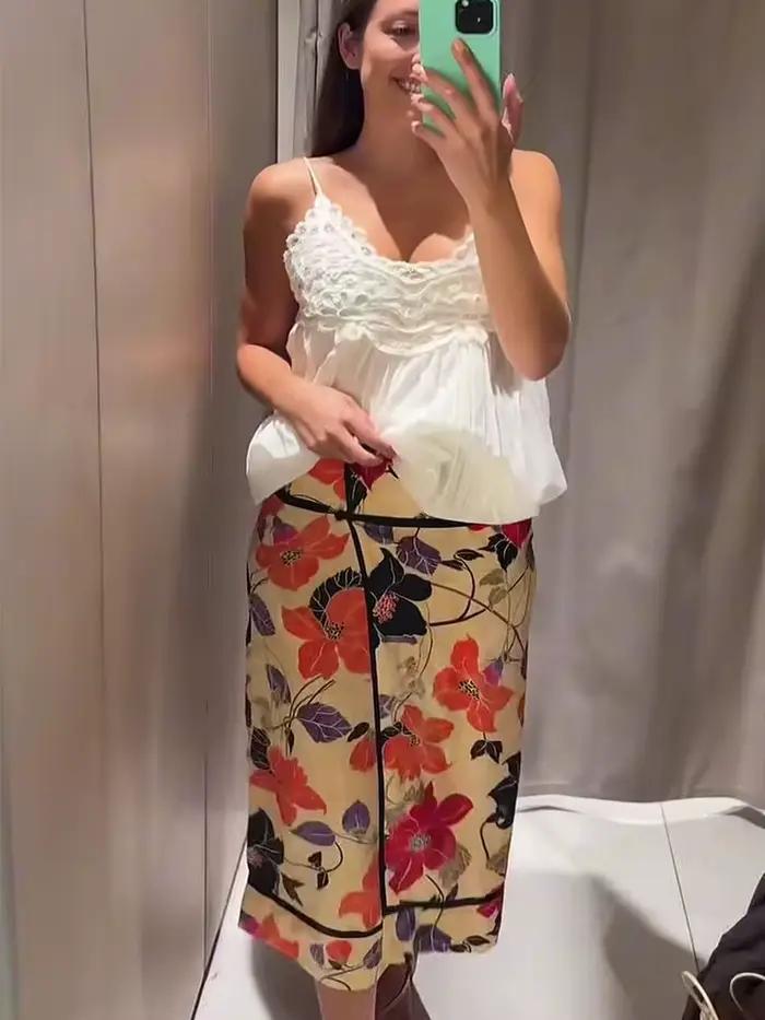 Jupe midi élégante en satin imprimé pour femme