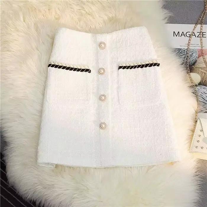 Jupe mi-longue en soie brillante pour femme, taille haute, en laine épaisse, style portefeuille, blanche, collection automne-hiver