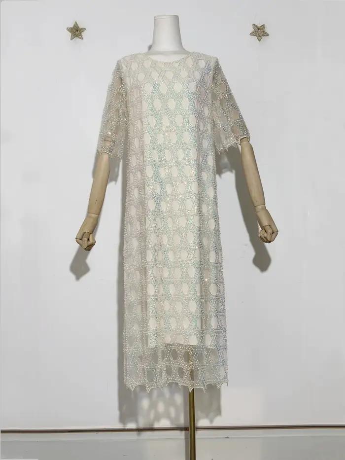 Glamour irisé femmes nouvelle paillettes perle perlée motif géométrique scintillant embelli col rond manches courtes maille robe mi-longue