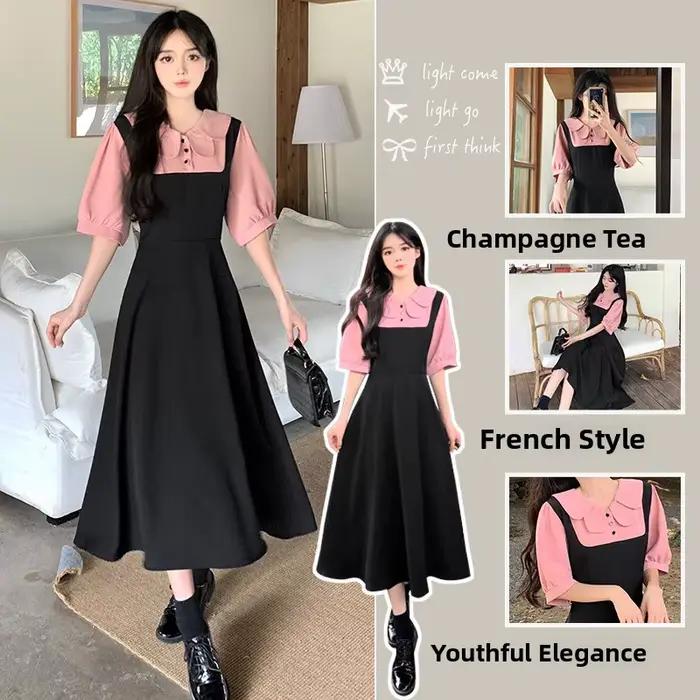 Robe longue trapèze à col Claudine de style français, taille haute, coupe ajustée, manches courtes, pour femme, style basique, patchwork, couleur unie