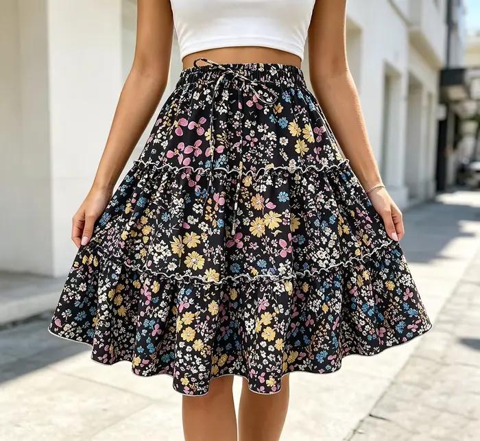 Mini-jupe à volants superposés à taille haute pour femmes, de style bohème, à motifs floraux, avec imprimé floral vintage - une jupe courte et fluide