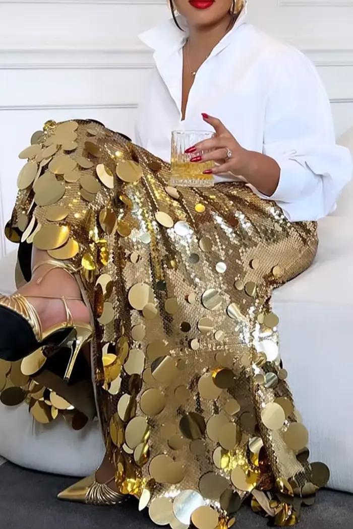 Grande taille femmes jupes formelles élégant or argent longue paillettes fête Club soirée