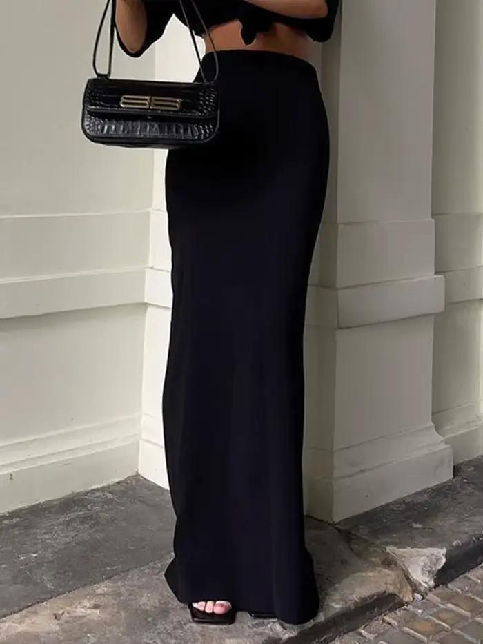 Jupes longues noires élégantes pour femmes avec coupe crayon sans couture, saison automne-hiver, matériau coton-polyester, tailles S, M, L, ajustement mince et longueur cheville