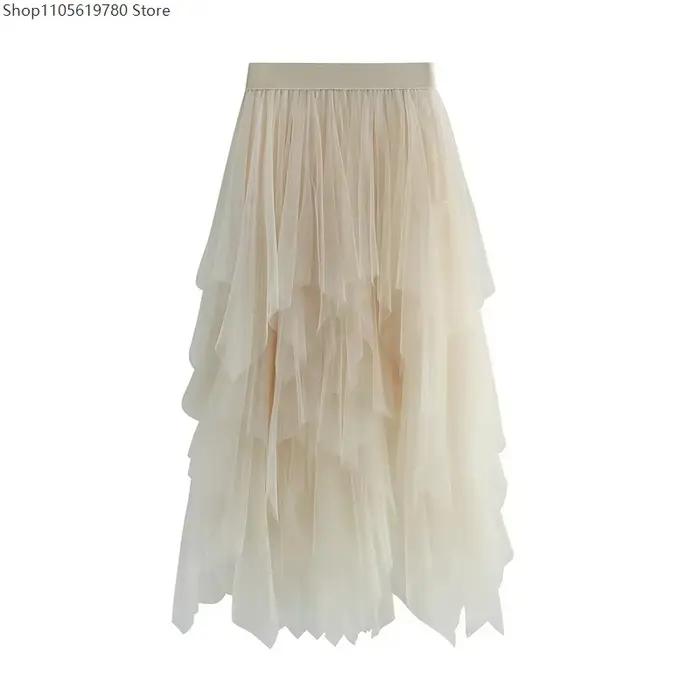 Jupe vintage grunge taille haute élastique irrégulière multicouche en tulle uni effet bulles pour femme, idéale pour le quotidien et les tenues de cosplay