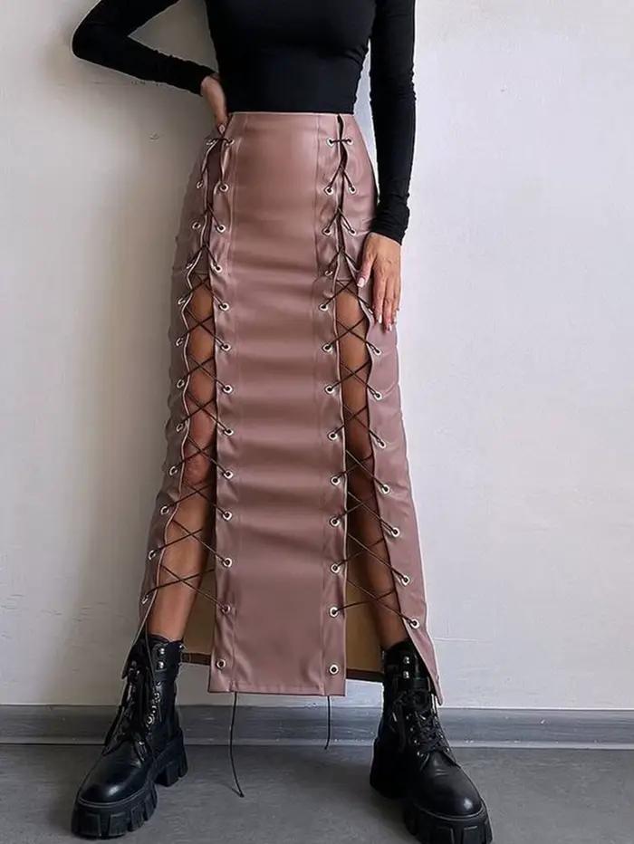 Jupe longue en cuir à lacets noirs sexy pour femmes