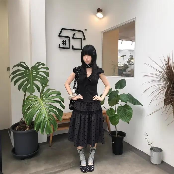 Jupe mi-longue coréenne rétro à pois pour femme