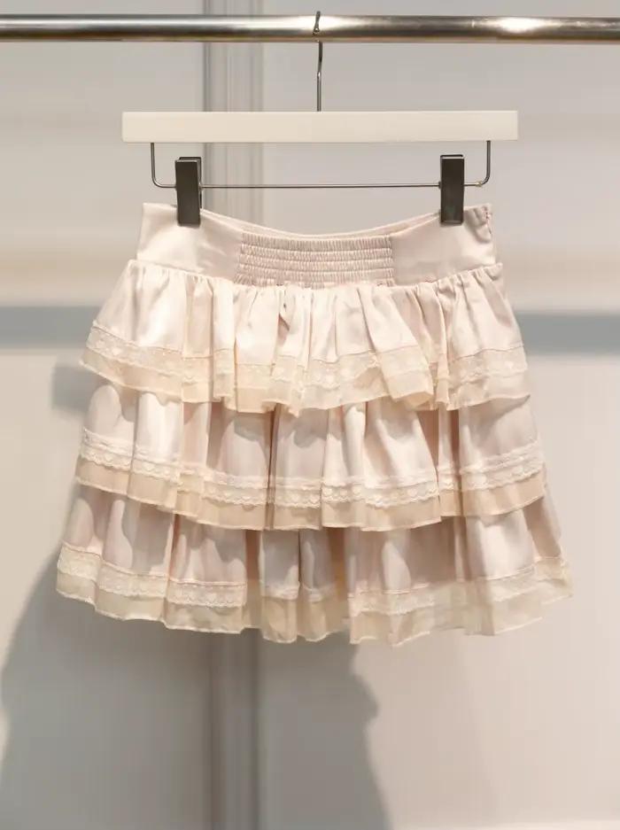 Rose dentelle garniture volants a-ligne jupes femmes été nouveau coton élastique taille haute courte Faldas doux Preppy Style mignon Mini jupe