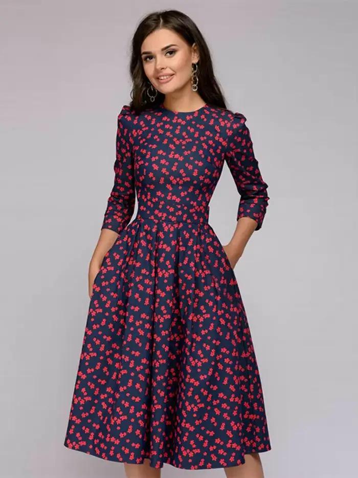Vintage tunique plissée robe imprimée femmes dames élégantes une ligne robes à manches longues femme automne mixi robe de soirée vestidos
