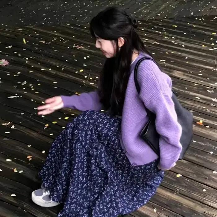 Nouveau élégant bleu foncé à fleurs femmes taille haute rétro bleu jupe florale femme a-ligne jupe décontracté paresseux vent jupe longue