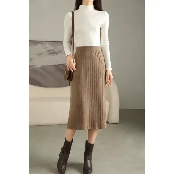 Jupe plissée 100% laine Pure pour femmes, jupe parapluie longue au-dessus du genou, taille haute, jupe trapèze en cachemire