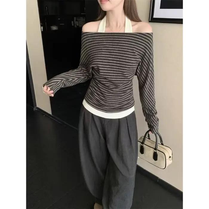 T-shirt rayé à manches longues pour femmes