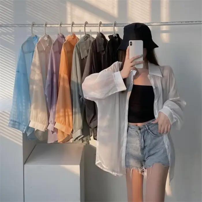 Femmes Chemise À Manches Longues Top Chemisier Femme En Mousseline De Soie Lâche Sexy Solide D'été Cardigan Couleur Mince Chemise Décontractée Vêtements D'extérieur Franc [рач coi