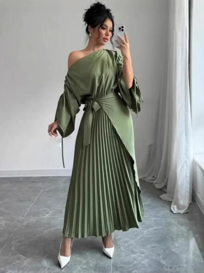 Robe de soirée trapèze plissée verte pour femmes