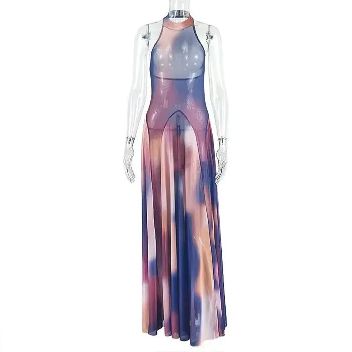 Robe longue trapèze plissée à imprimé dégradé pour femme, dos nu, sans manches, avec ceinture, sexy