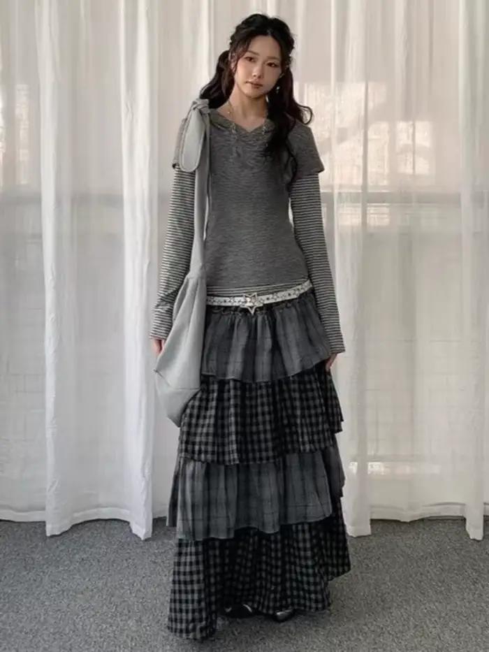 Jupe longue Y2K Subculture pour femme, jupe superposée patchwork style gâteau, esthétique Harajuku Alt Subculture, streetwear été 2026