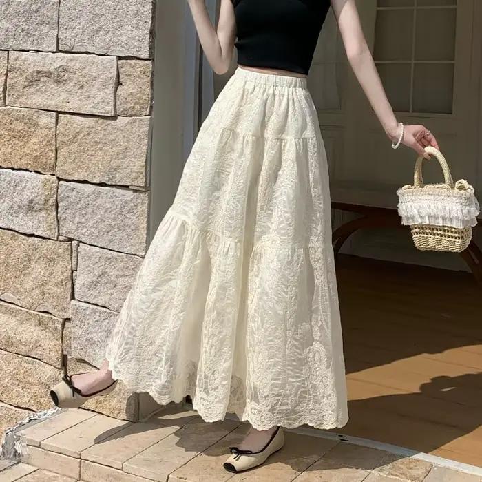 Jupe longue brodée florale abricot pour femme