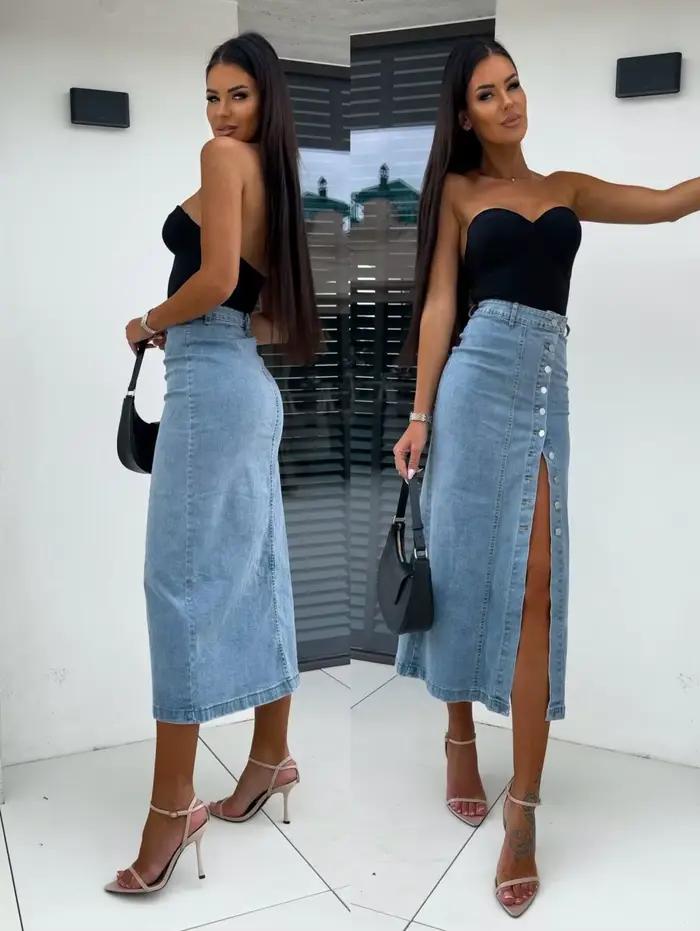 Automne femmes taille haute rétro bouton irrégulier jupe fente lavé bleu Denim jupes femme paquet hanche jean