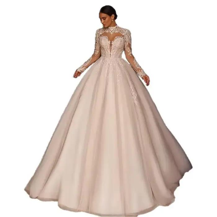Nouvelle Robe de Mariée Longue en Dentelle, Style Palais, Coupe Ajustée, Col Montant, Travaux de Couture Raffinés, Idéale pour Mariage et Banquet, Traîne Personnalisable