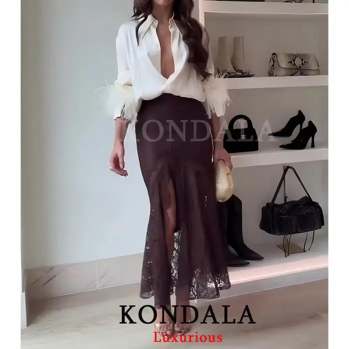 KONDALA Vintage Chic chocolat marron Satin jupes avant fendu dentelle Midi