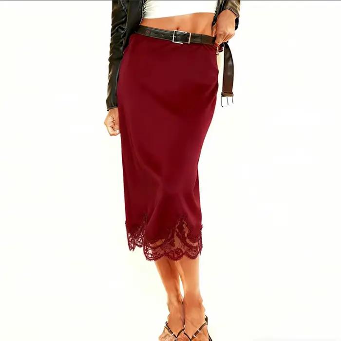 Maemukilabe femmes Sexy dentelle Satin jupe crayon classique élégant taille haute soie fluide demi Slip sous-jupe