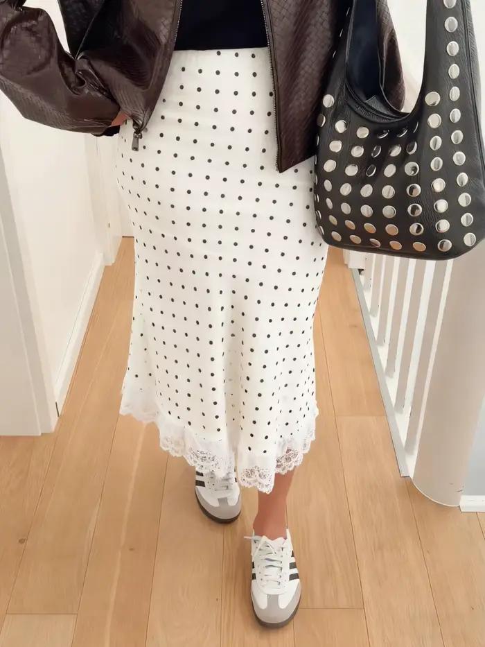 Jupe longue en satin à pois pour femme avec dentelle