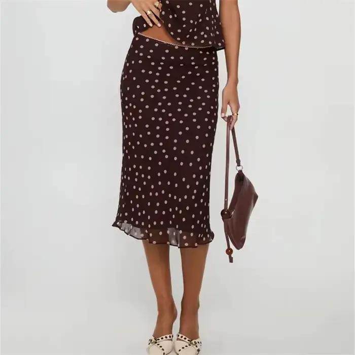 Jupe longue sirène fluide à pois en mousseline rétro taille haute pour femme avec ourlet à volants