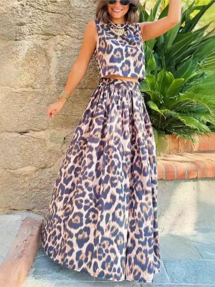 Tendance imprimé léopard jupe deux pièces ensemble femmes sans manches dos nu léopard haut court taille haute a-ligne jupes 2 pièces ensembles nouveau